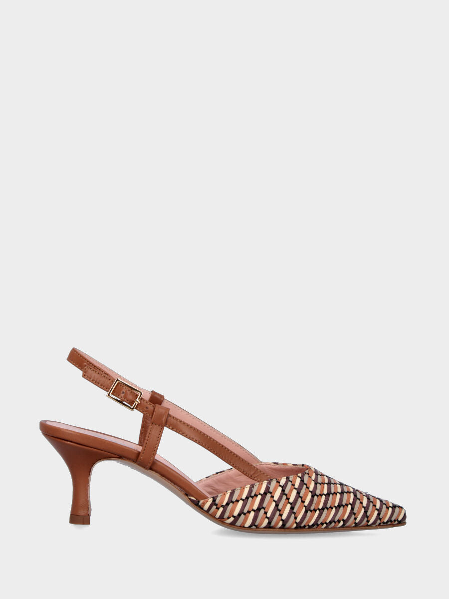 Slingback aus Leder in Braun mit mehrfarbigem Obermaterial