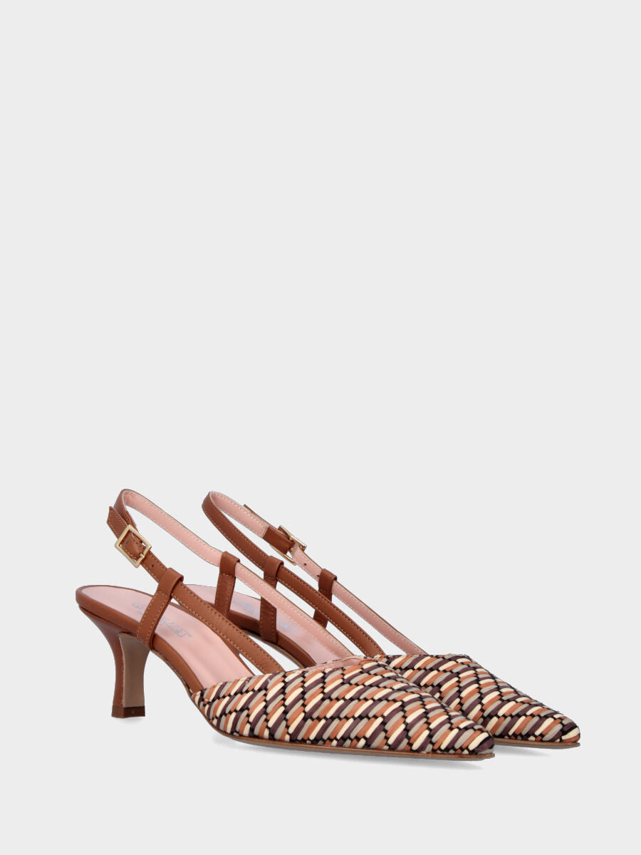 Slingback aus Leder in Braun mit mehrfarbigem Obermaterial