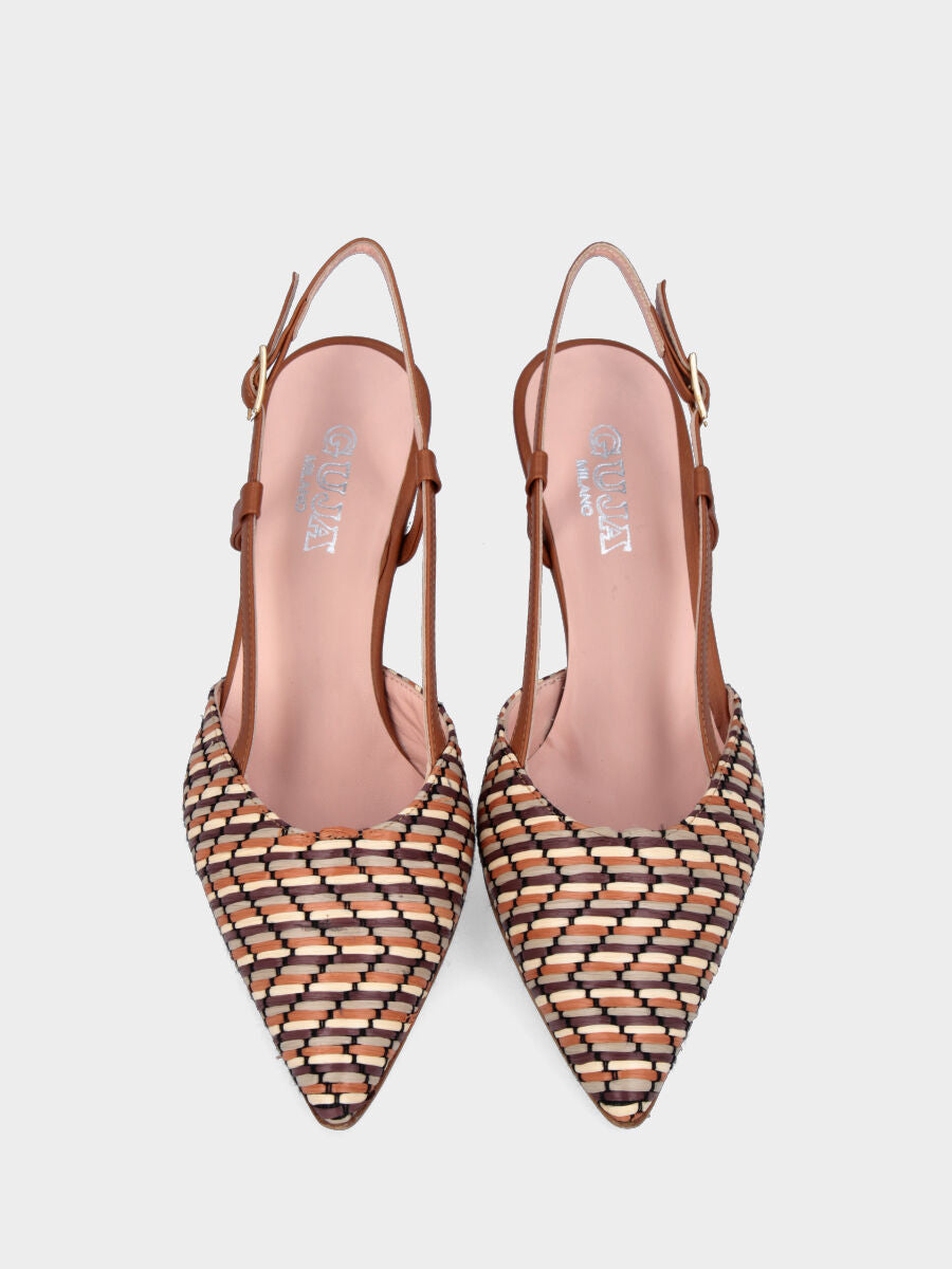 Slingback aus Leder in Braun mit mehrfarbigem Obermaterial