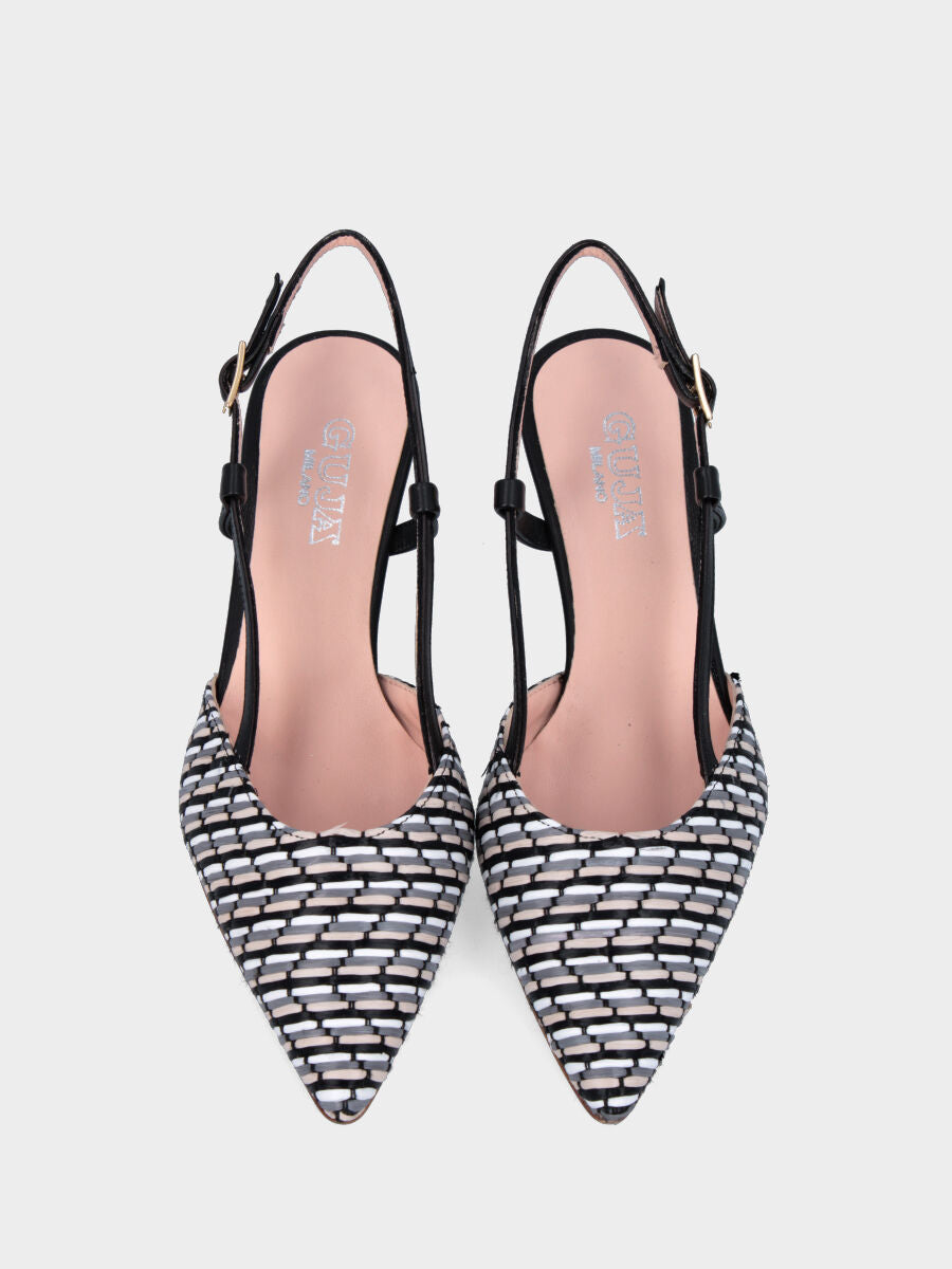 Slingback nera in pelle con tomaia multicolor