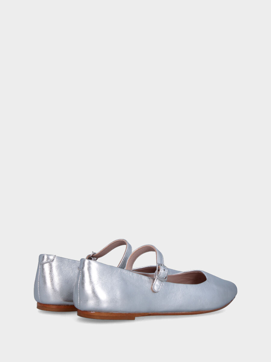 Ballerine argentée en cuir laminé à bout pointu avec bride