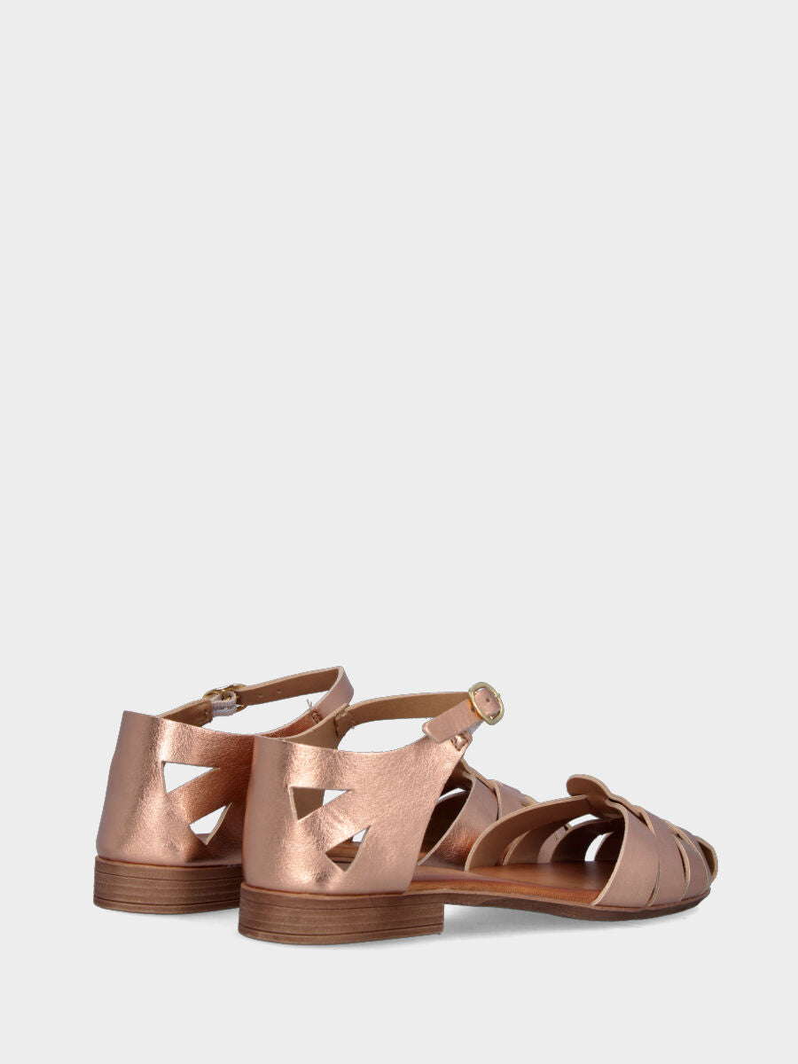 Pink laminated leather sandal with woven straps and small top
