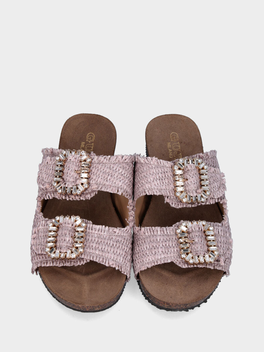 Lilac raffia slipper with jewel buckles