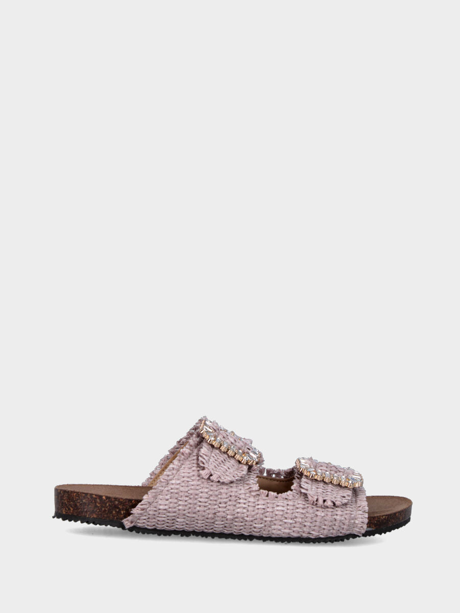 Lilac raffia slipper with jewel buckles
