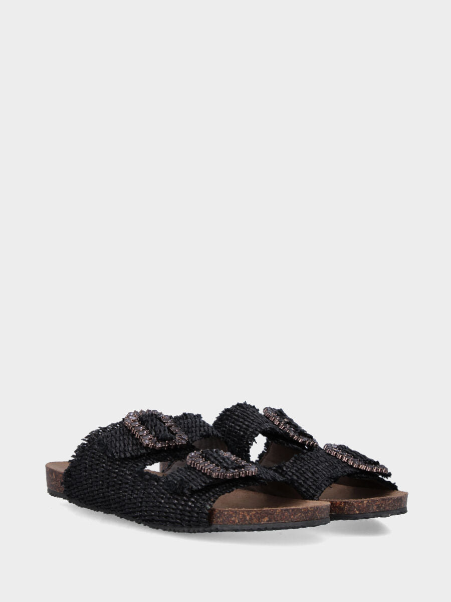 Black raffia slipper with jewel buckles