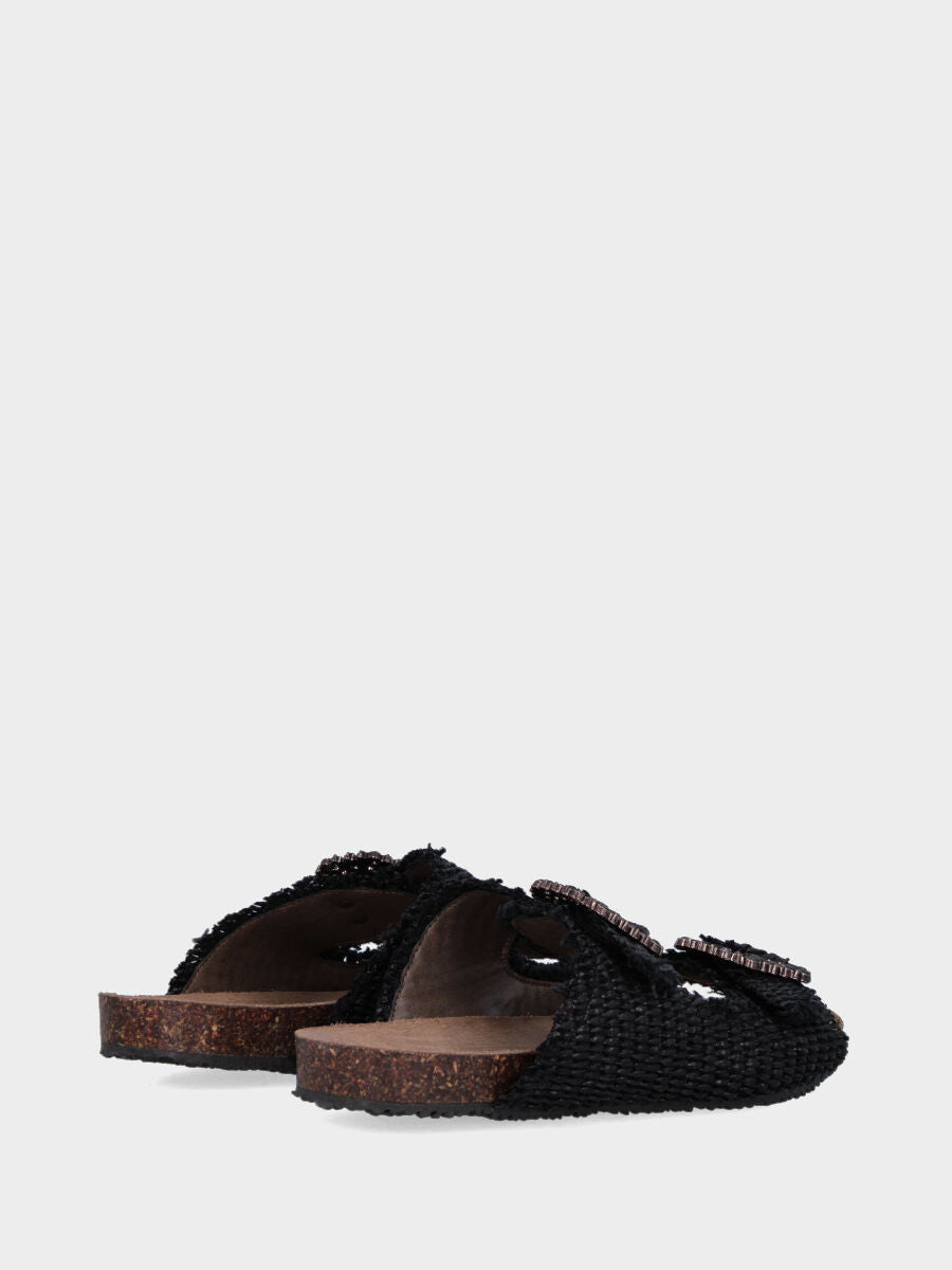 Black raffia slipper with jewel buckles