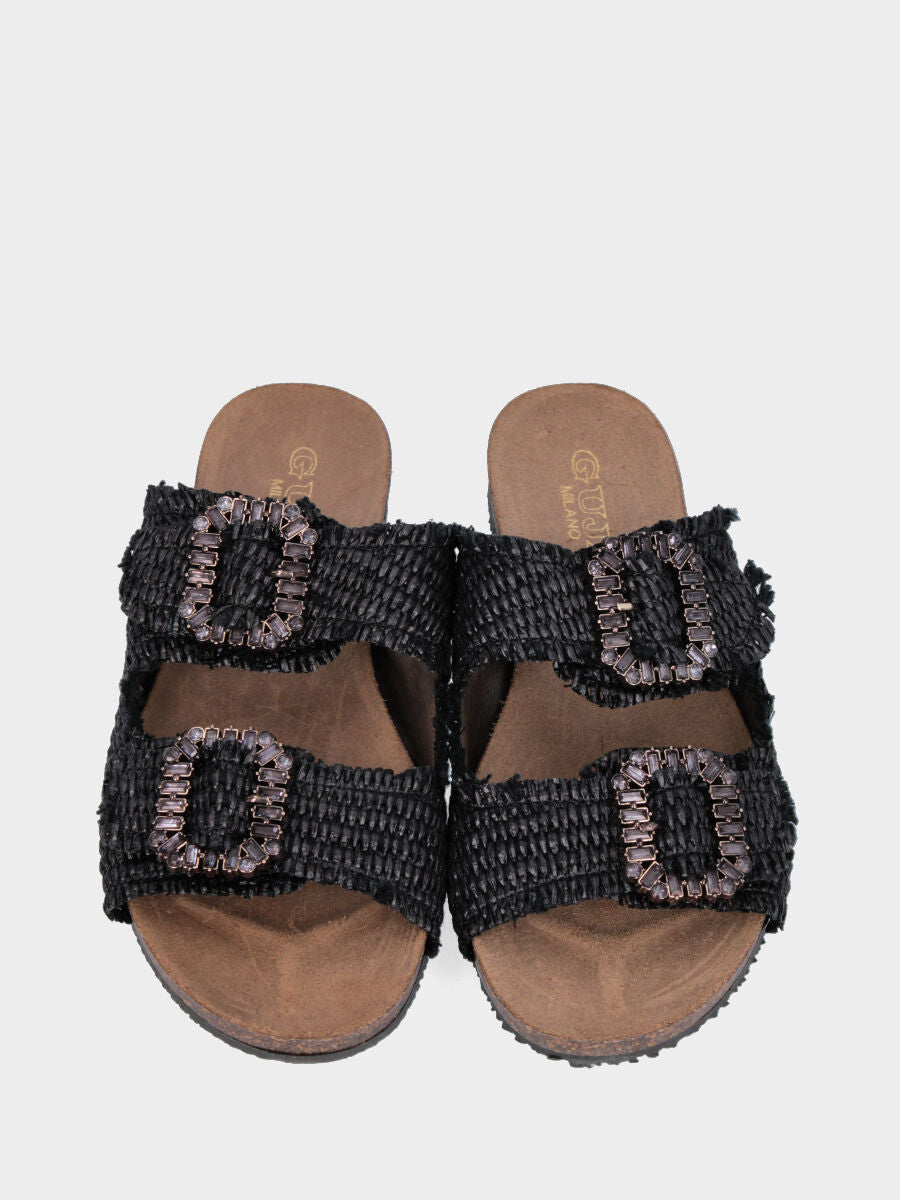 Black raffia slipper with jewel buckles
