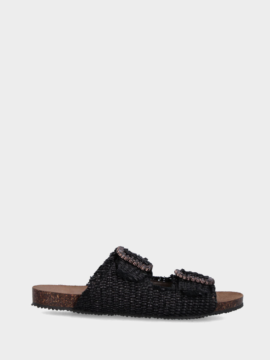 Black raffia slipper with jewel buckles