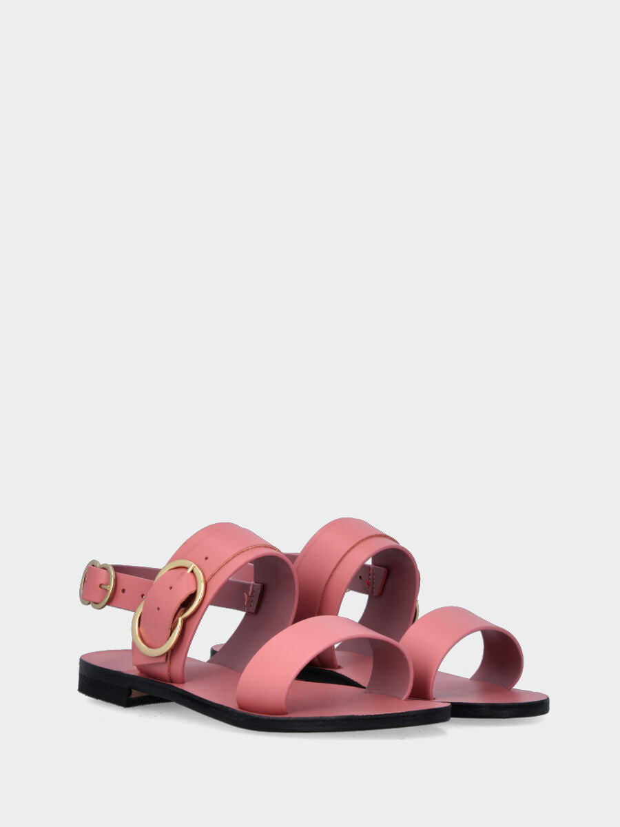 Sandale rose en cuir avec doubles brides et boucles circulaires