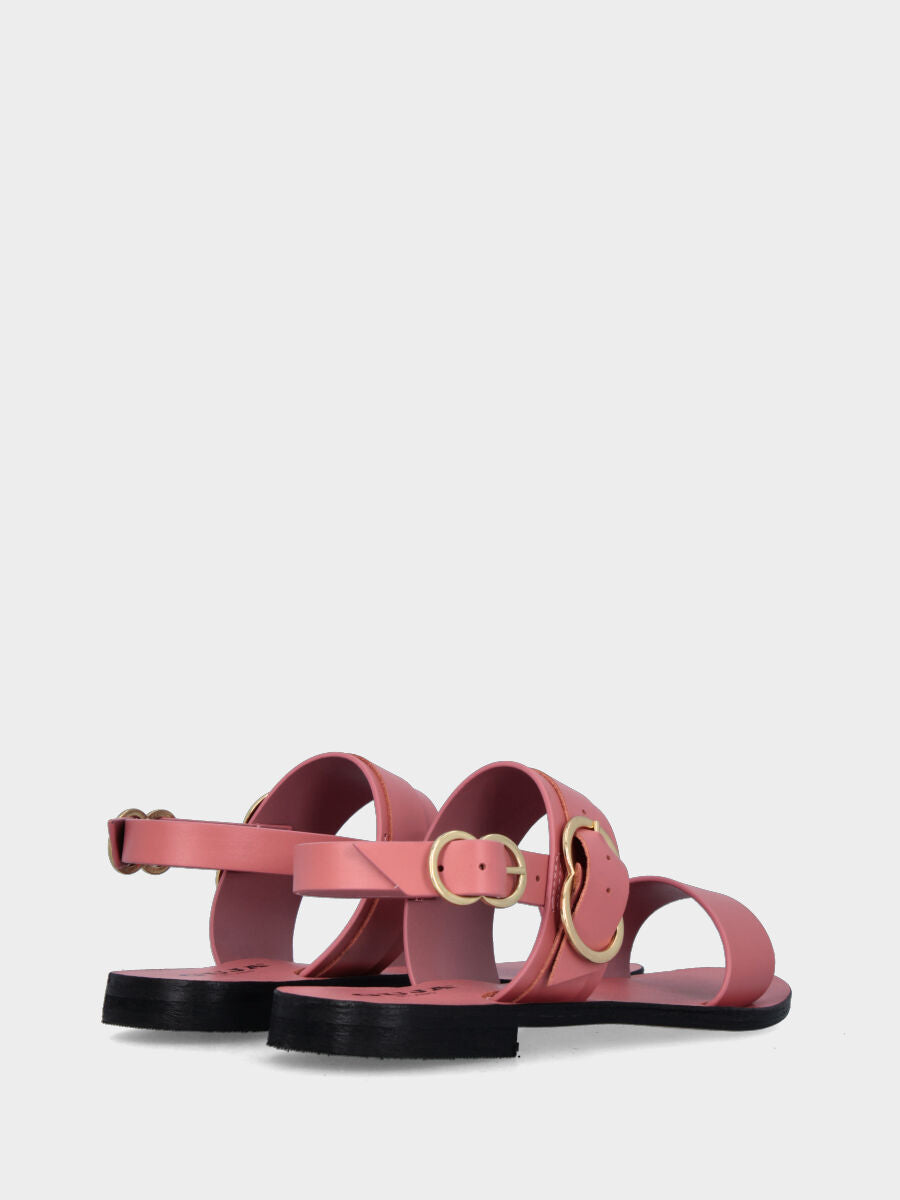 Sandale rose en cuir avec doubles brides et boucles circulaires