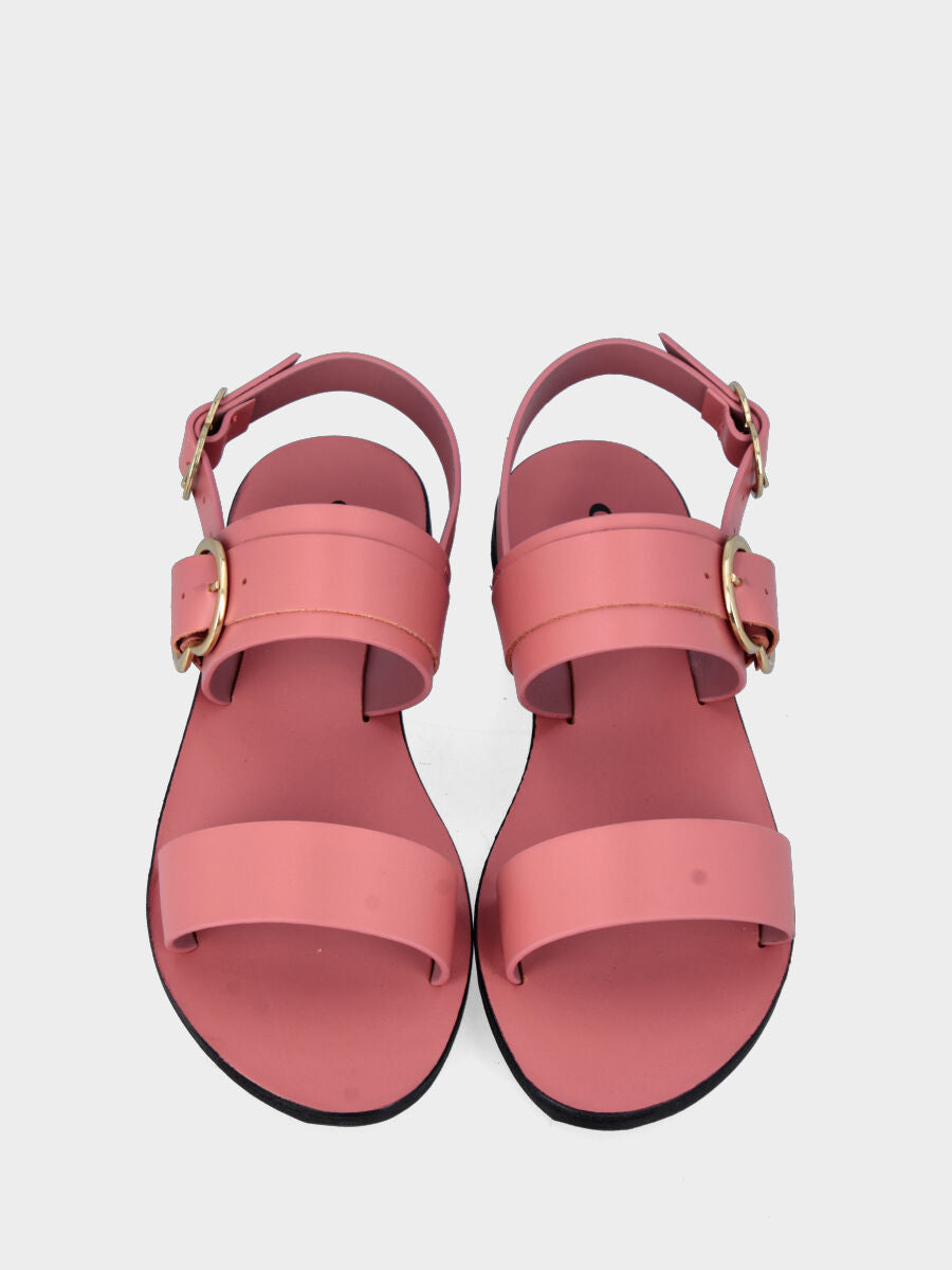 Sandale rose en cuir avec doubles brides et boucles circulaires