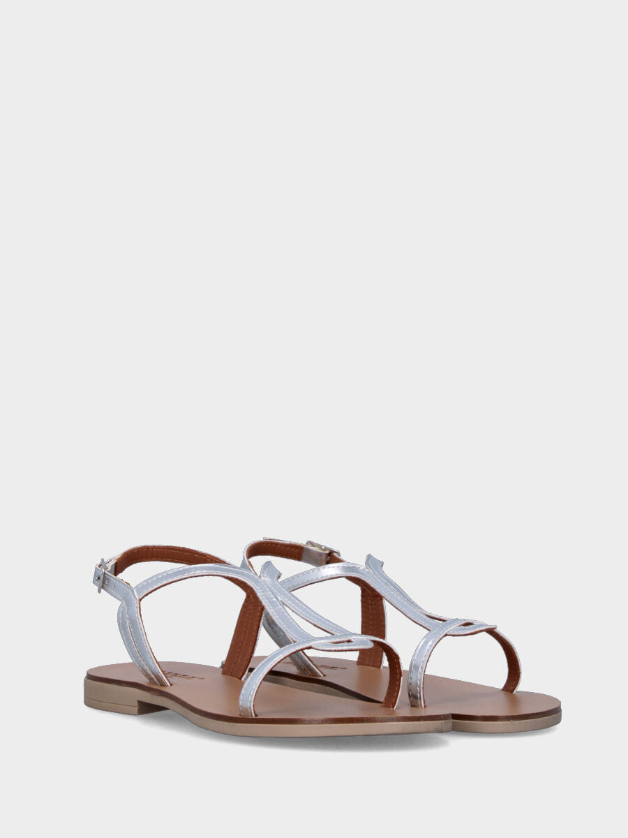 Silver laminated sandal with elongated teardrop strap