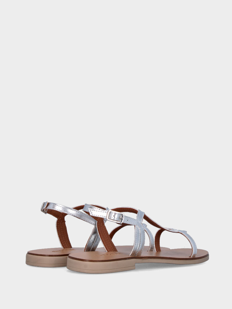 Silver laminated sandal with elongated teardrop strap