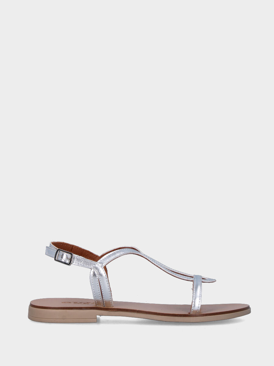 Silver laminated sandal with elongated teardrop strap