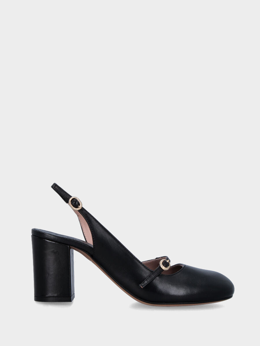 Schwarzer Slingback aus Leder mit runder Spitze und breitem Absatz