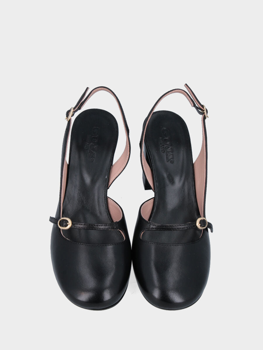 Schwarzer Slingback aus Leder mit runder Spitze und breitem Absatz