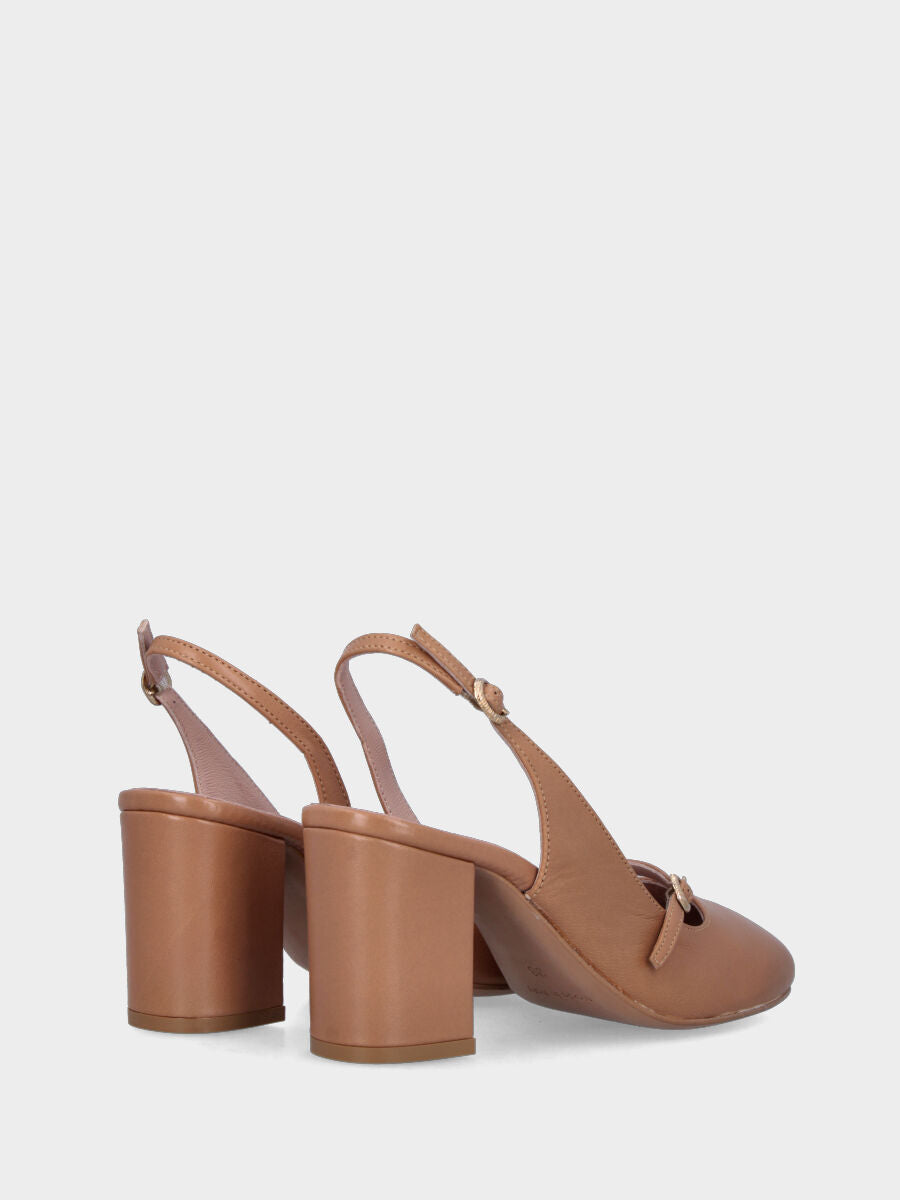 Beiger Slingback aus Leder mit runder Spitze und breitem Absatz