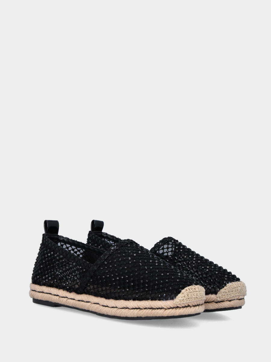 Schwarze Espadrilles aus Netzstoff mit Strasssteinbesatz