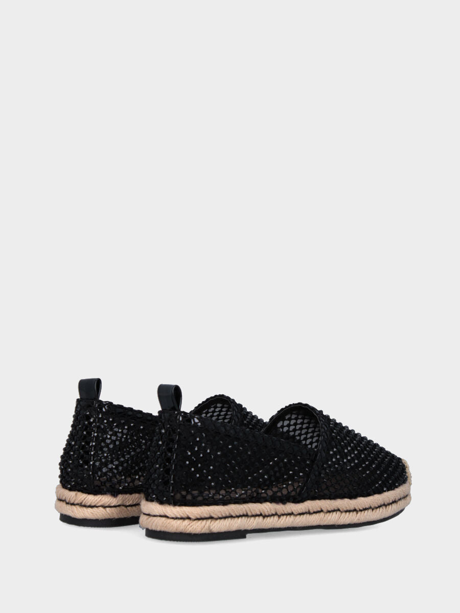 Schwarze Espadrilles aus Netzstoff mit Strasssteinbesatz