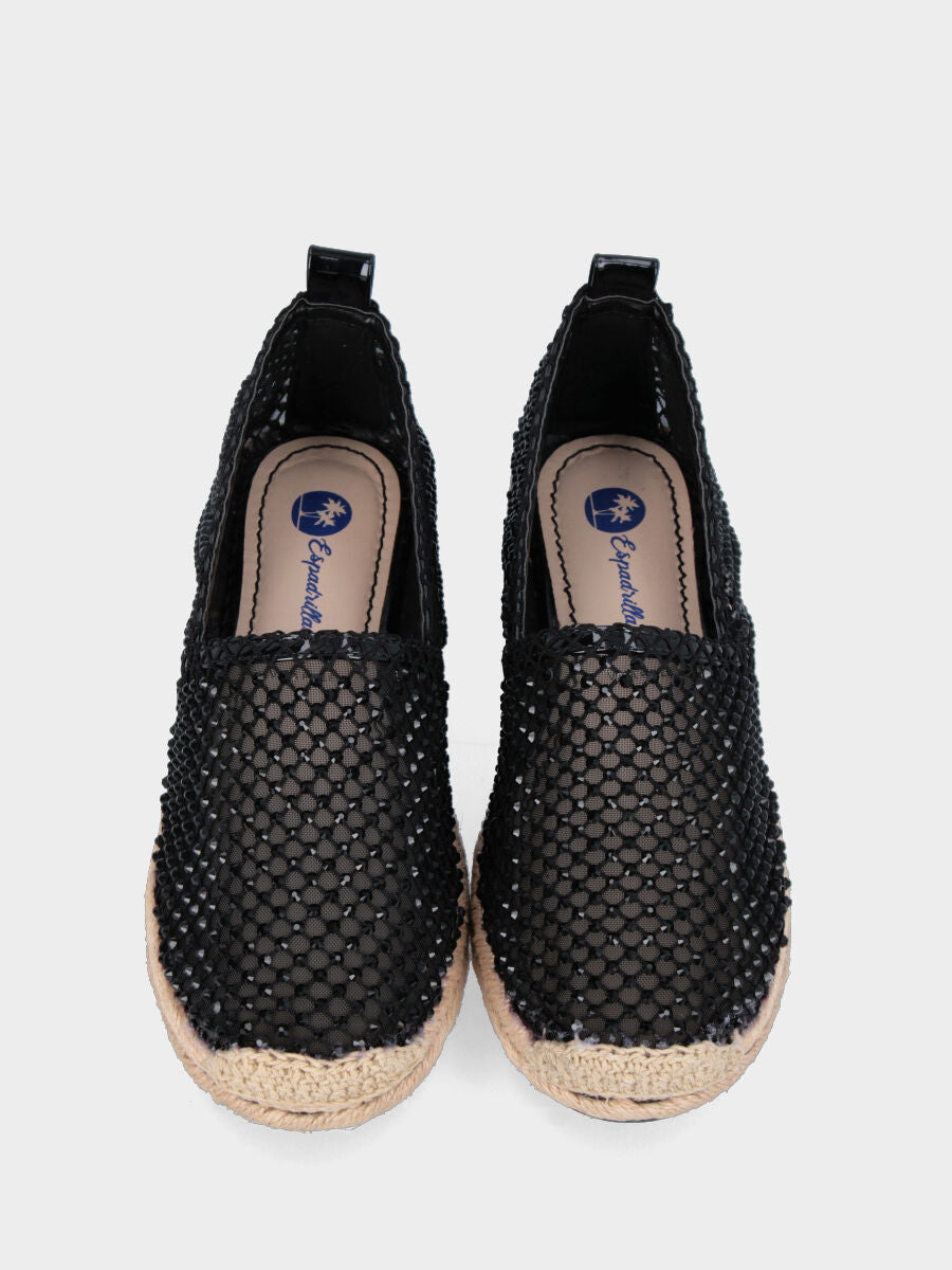 Schwarze Espadrilles aus Netzstoff mit Strasssteinbesatz