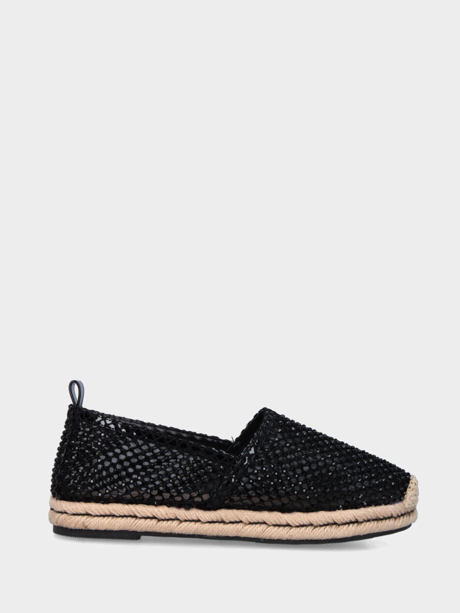Schwarze Espadrilles aus Netzstoff mit Strasssteinbesatz