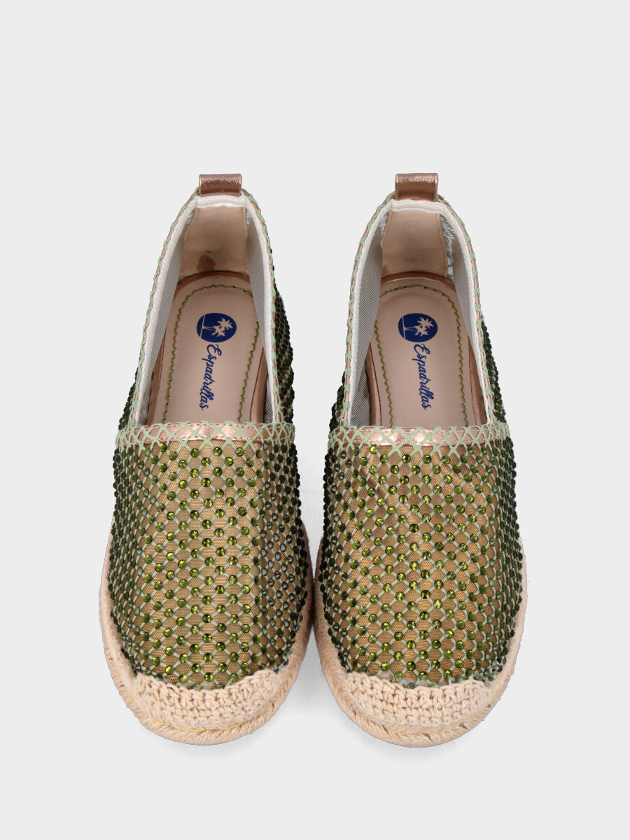 Espadrilles vertes en tissu en maille avec strass