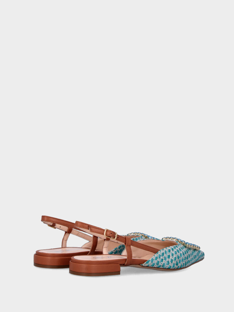 Slingback azzurra en raphia avec accessoire bijou