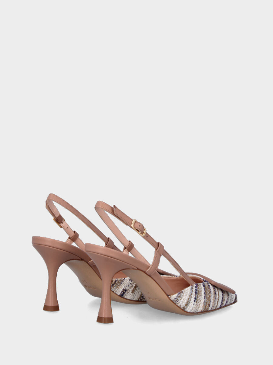 Beige leather slingback with raffia upper and rectangular accessory