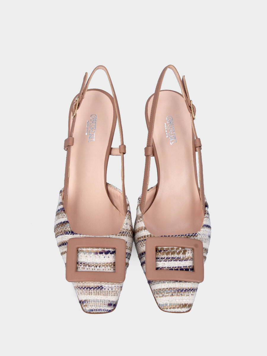 Beige leather slingback with raffia upper and rectangular accessory