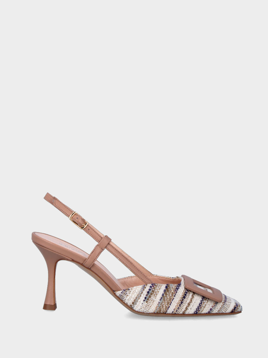Beige leather slingback with raffia upper and rectangular accessory