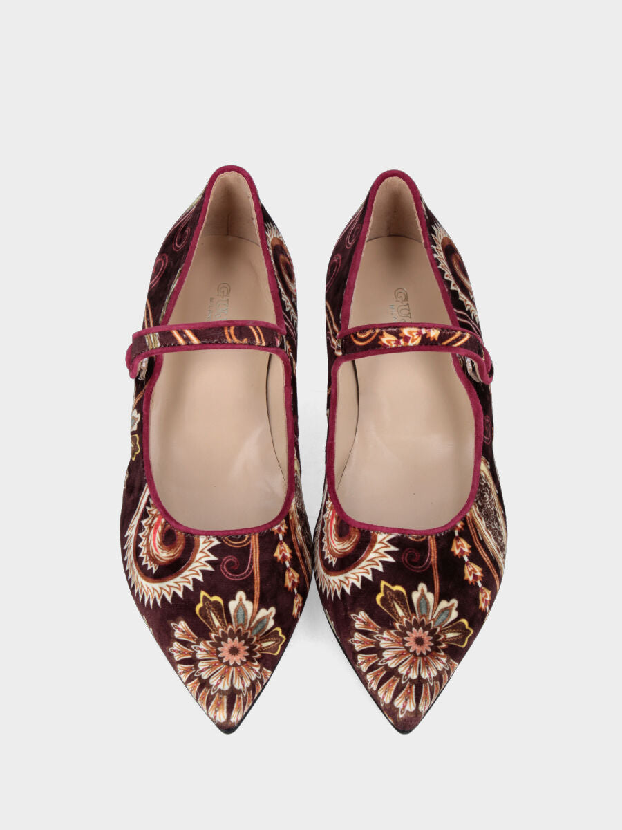 Ballet flat Mary Jane in brown and gold patterned fabric