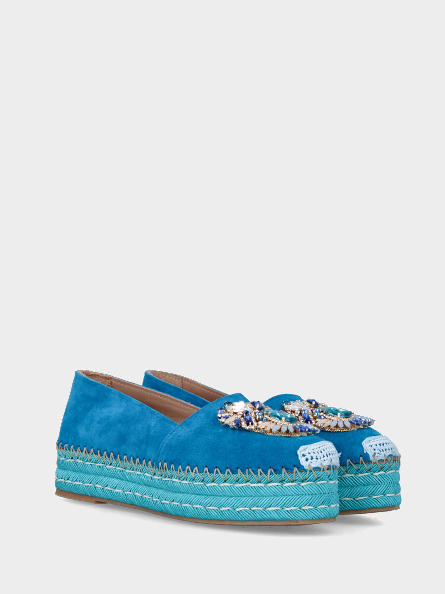 Blue leather espadrilles with multicolor rhinestones