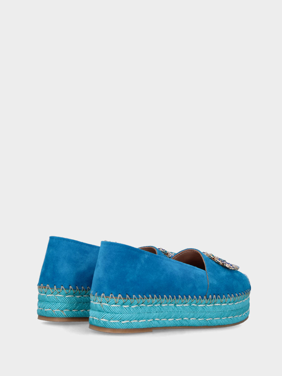 Blue leather espadrilles with multicolor rhinestones