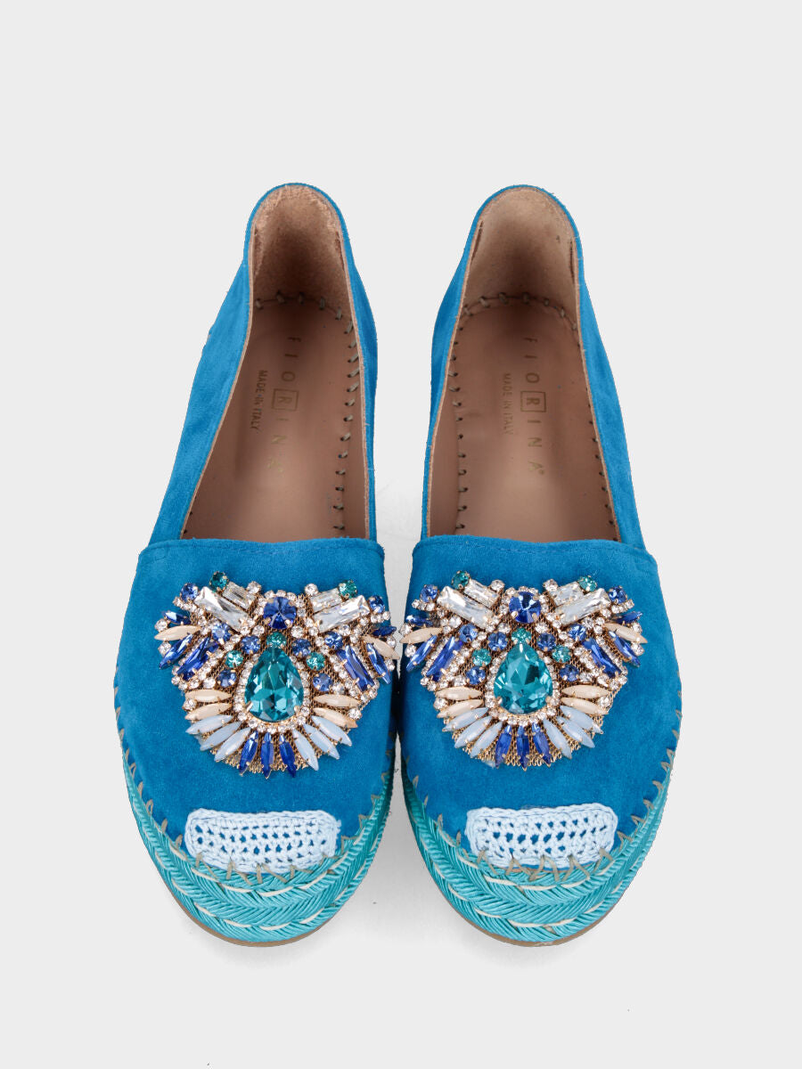 Blue leather espadrilles with multicolor rhinestones