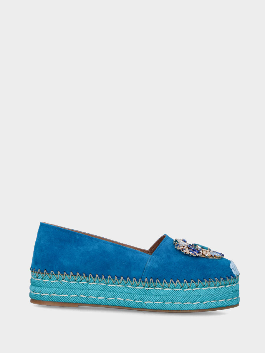 Blue leather espadrilles with multicolor rhinestones