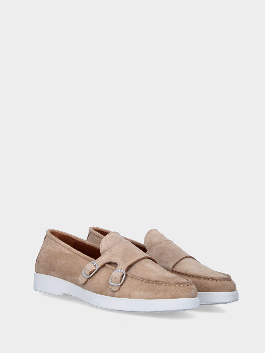 Mocassino beige in pelle con pattina e fondo para a contrasto