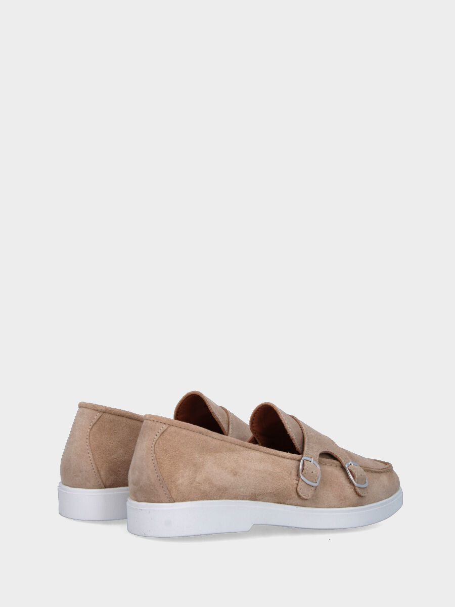 Mocassino beige in pelle con pattina e fondo para a contrasto