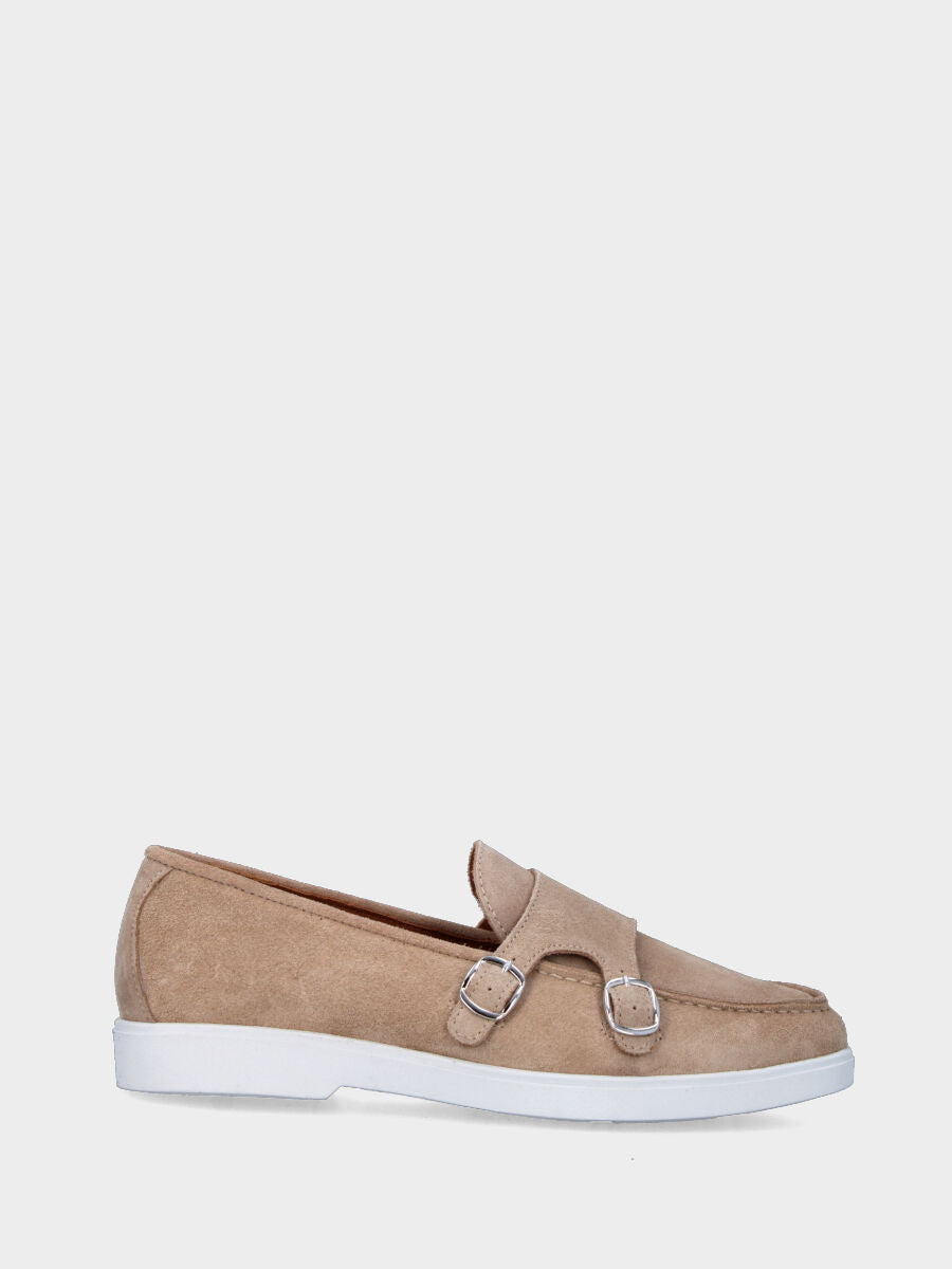 Mocassino beige in pelle con pattina e fondo para a contrasto