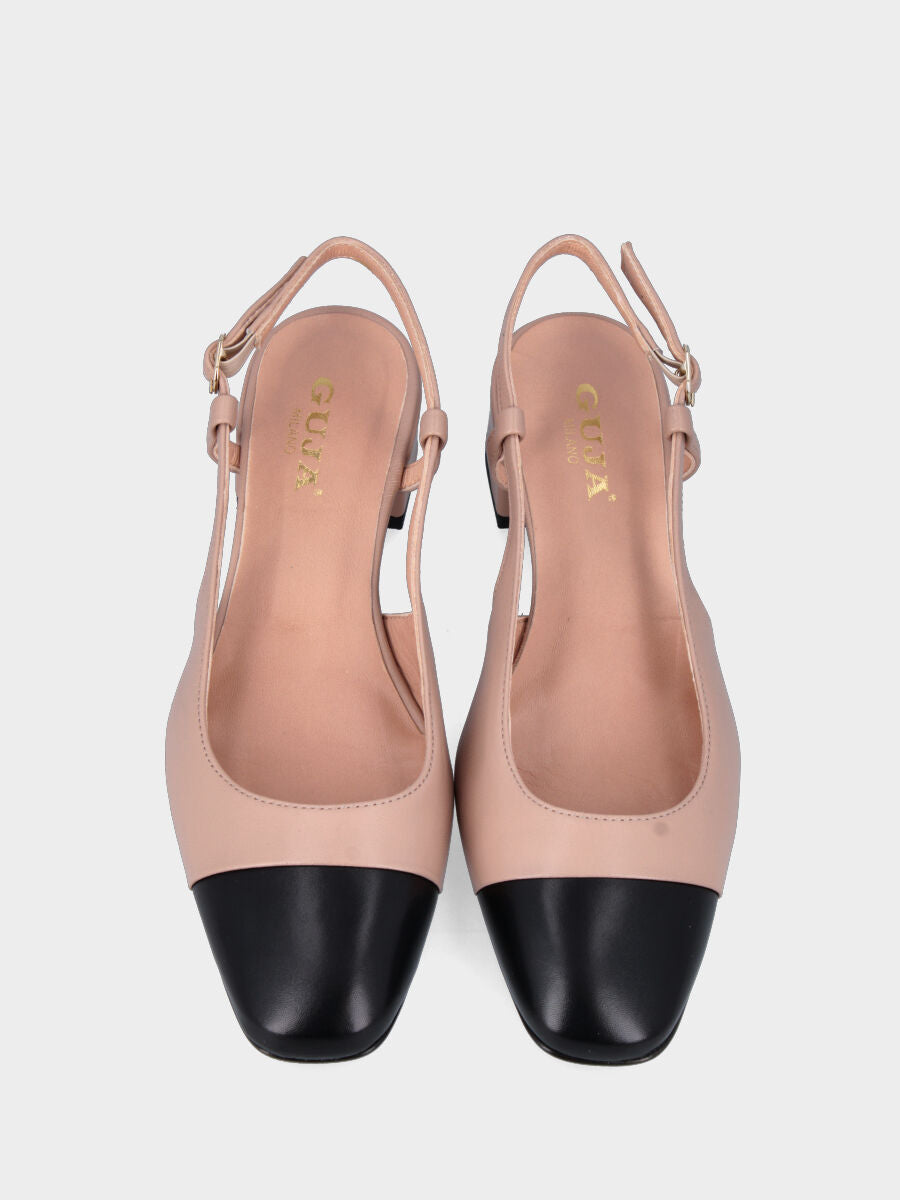 Slingback Nude aus Leder mit zweifarbiger quadratischer Spitze