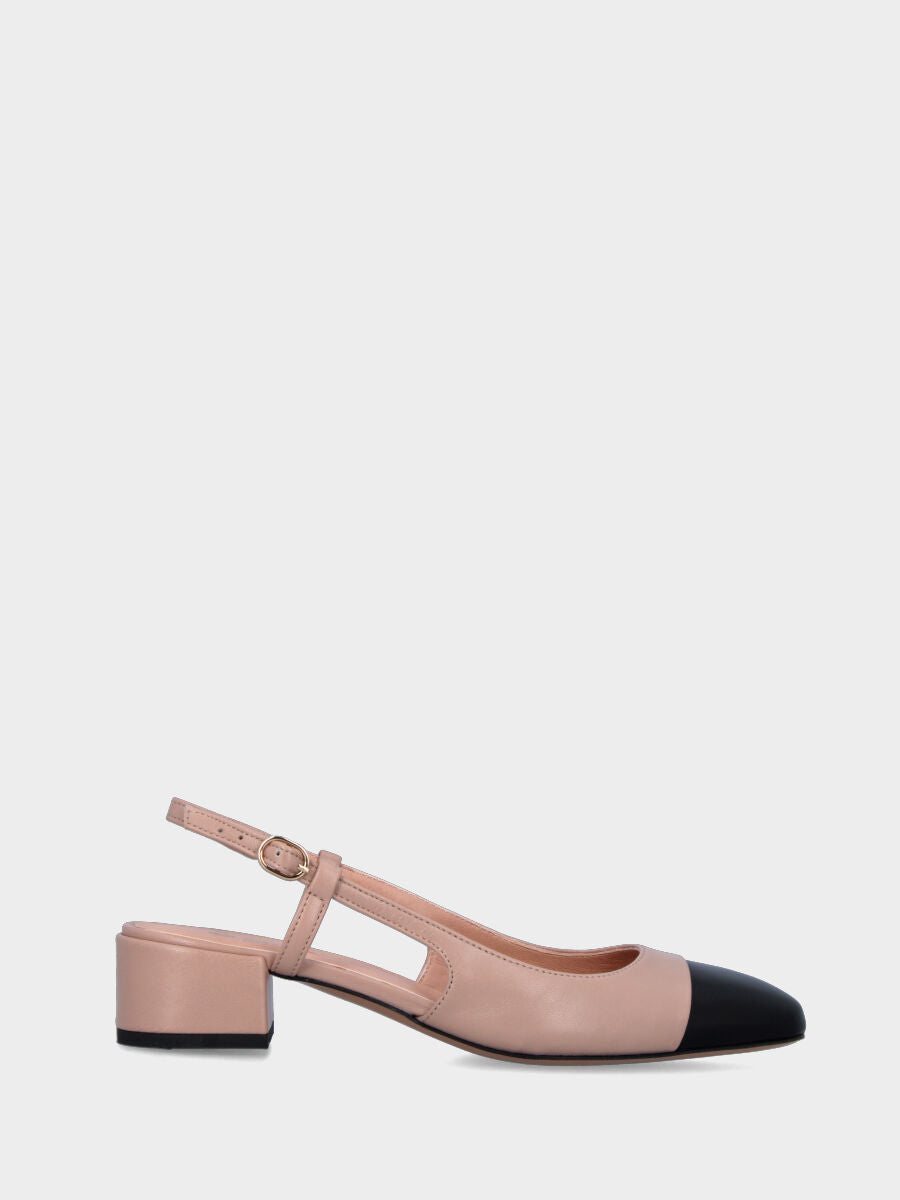 Slingback Nude aus Leder mit zweifarbiger quadratischer Spitze