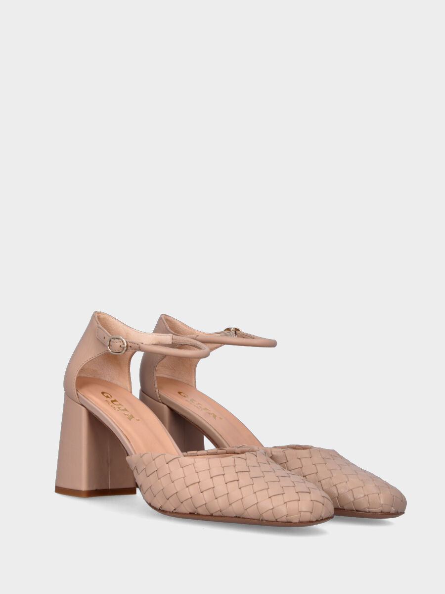 Beige Pumps aus Leder mit quadratischer Spitze und geflochtenem Obermaterial