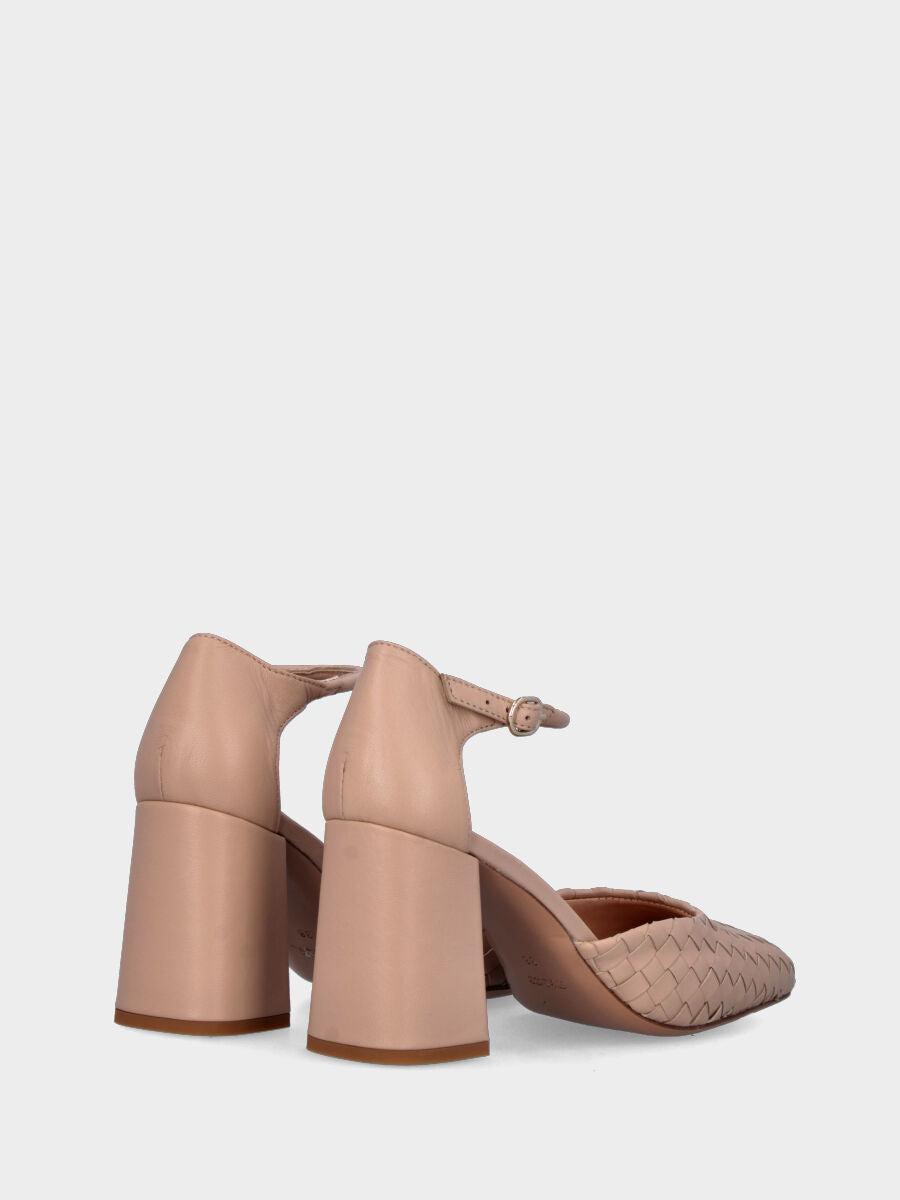 Beige Pumps aus Leder mit quadratischer Spitze und geflochtenem Obermaterial