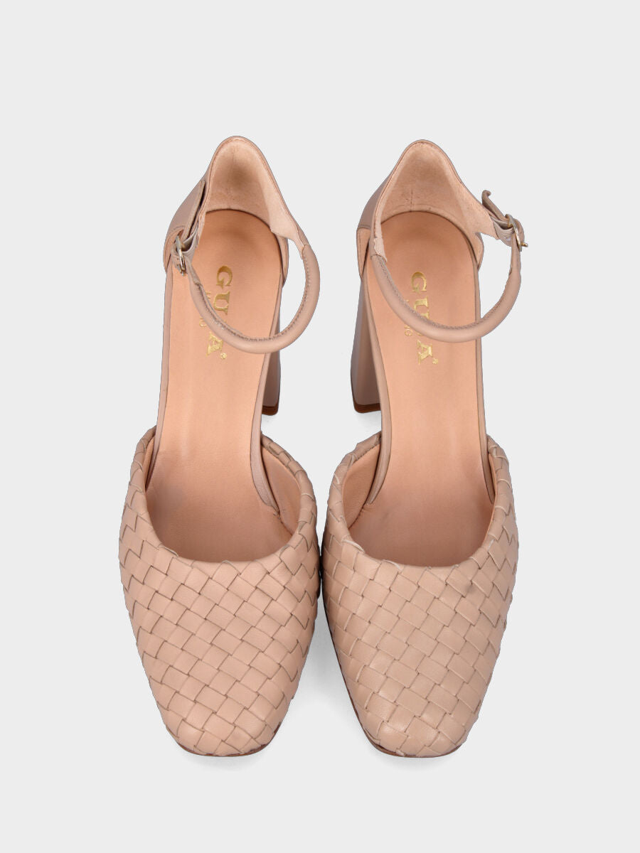 Beige Pumps aus Leder mit quadratischer Spitze und geflochtenem Obermaterial