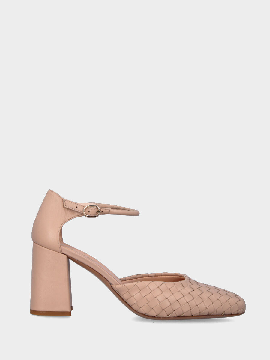 Beige Pumps aus Leder mit quadratischer Spitze und geflochtenem Obermaterial