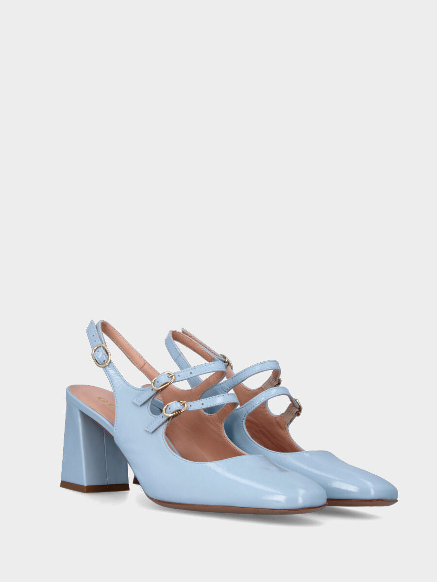 Slingback azzurra in naplak a punta quadratina con cinturini