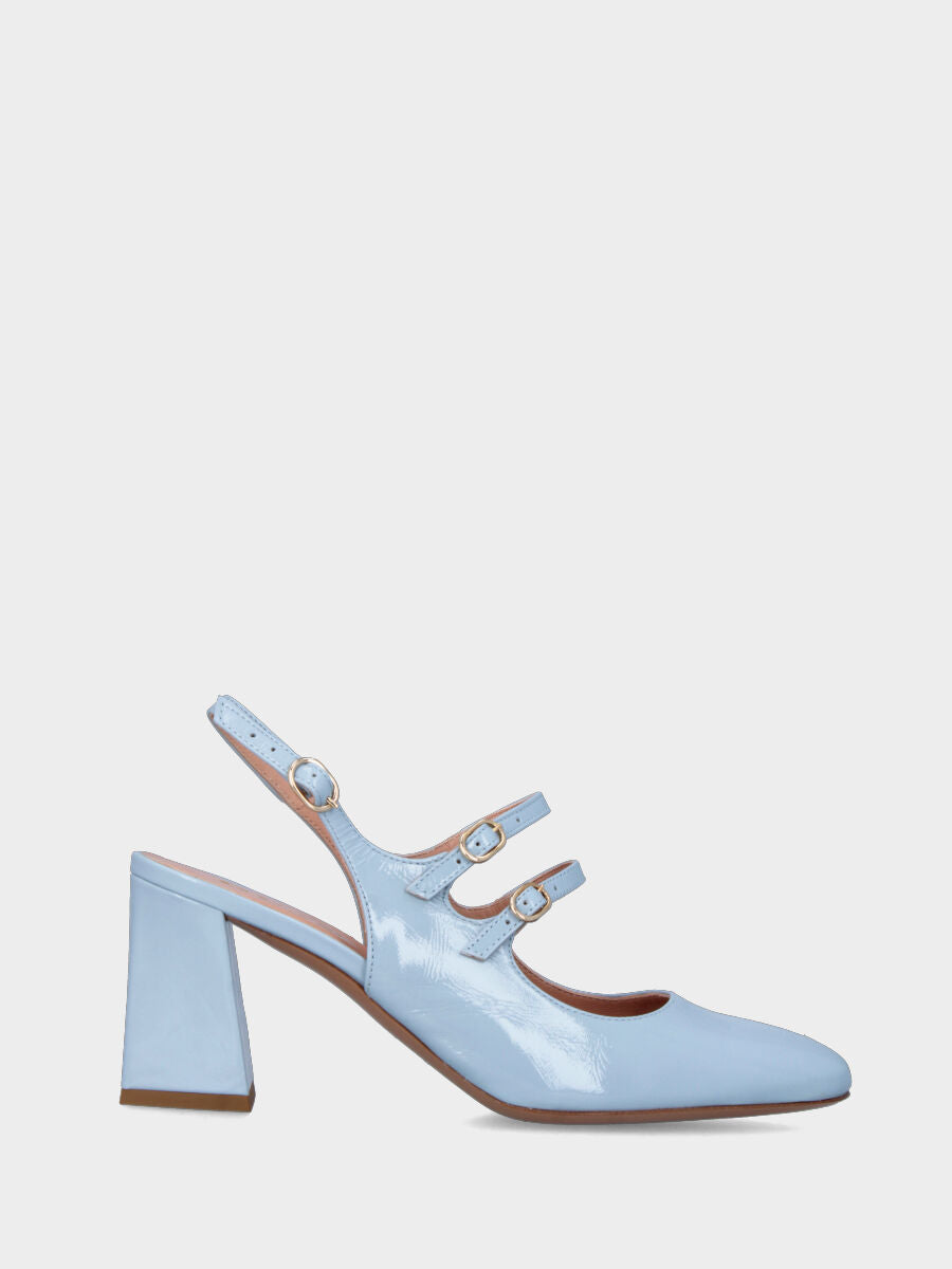 Slingback azzurra in naplak a punta quadratina con cinturini