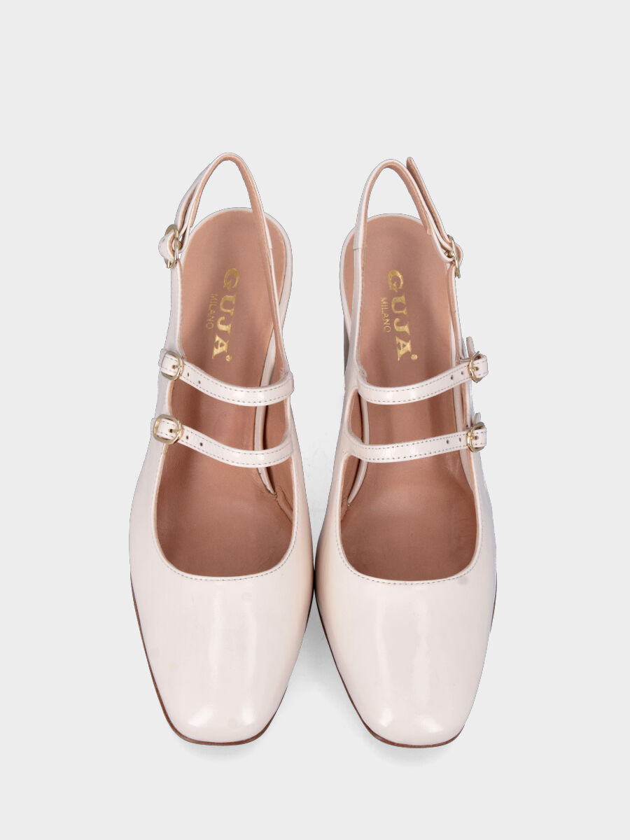 Slingback blanc en naplak à bout carré avec lanières