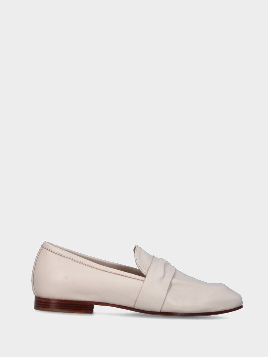 White leather moccasin with embossed mask