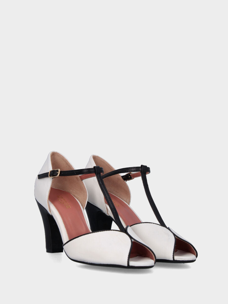 Décolleté modello charleston bianca in pelle con tacco nero