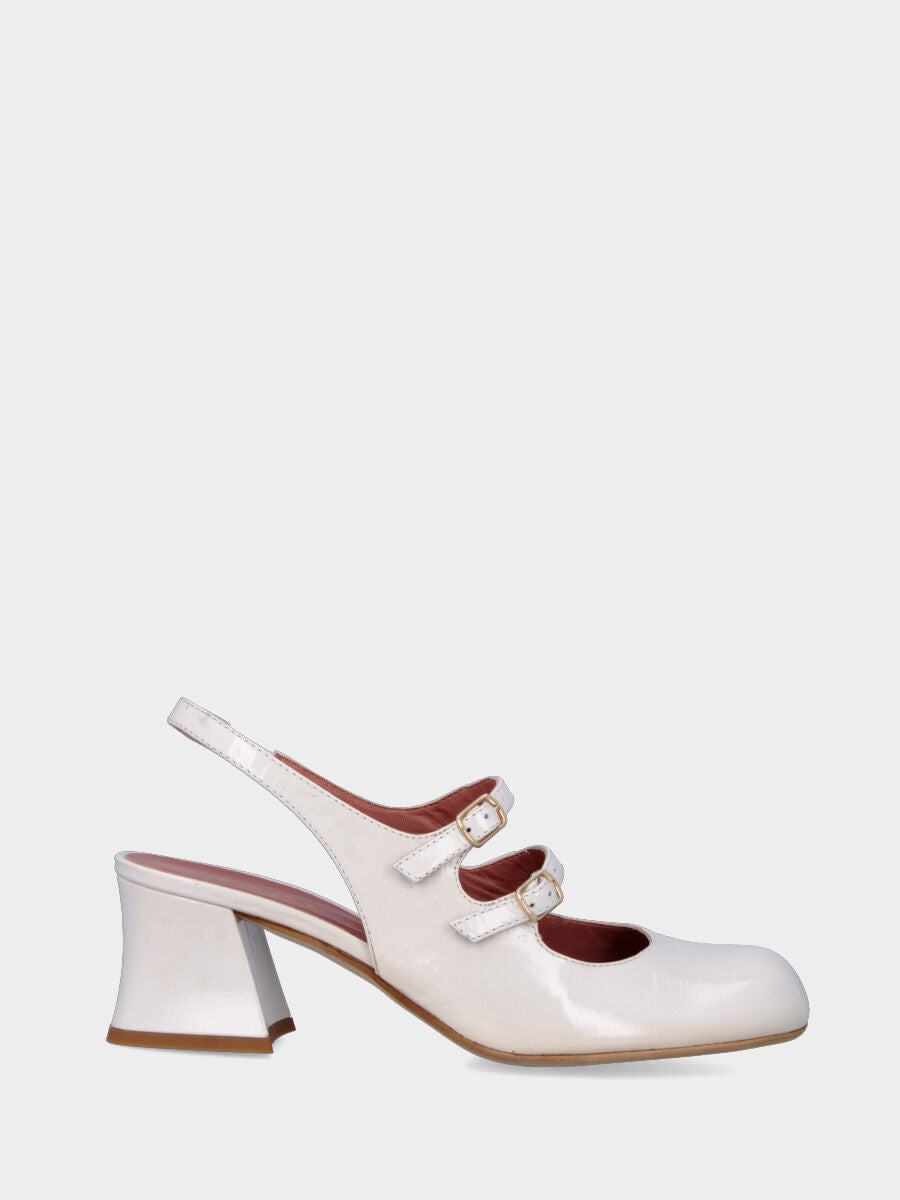 Slingback bianca in naplak a punta stondata e tacco largo